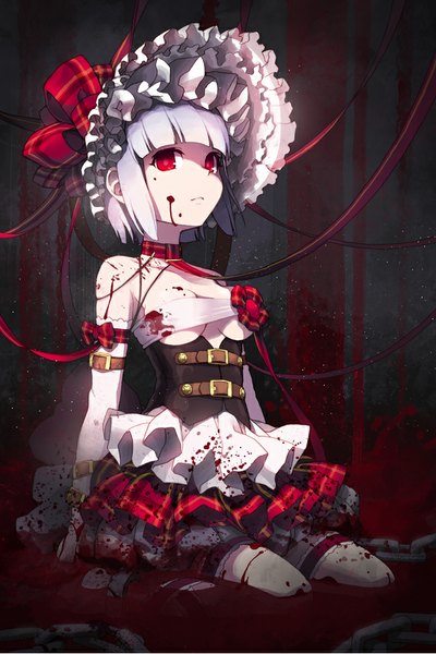 Anime picture 640x960 with sword girls kris flina lena (zoal) single tall image looking at viewer fringe short hair light erotic red eyes sitting bare shoulders white hair kneeling white skin blood stains girl bow ribbon (ribbons) hair bow