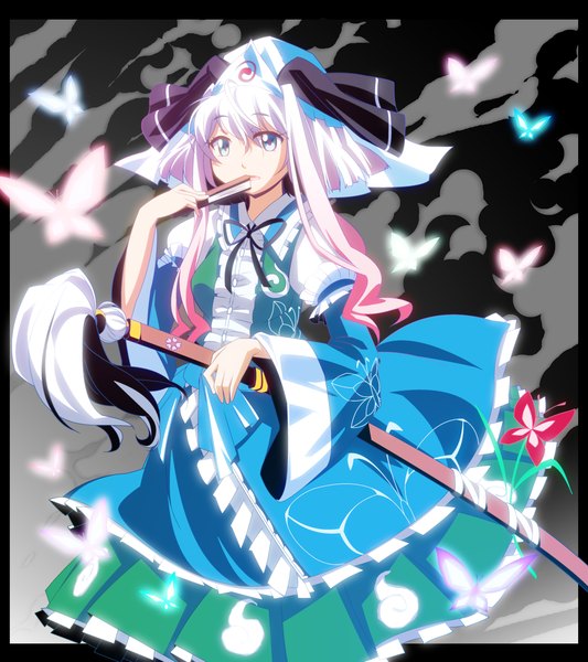 Anime picture 2500x2813 with touhou konpaku youmu saigyouji yuyuko shokkin single tall image highres short hair blue eyes white hair girl dress weapon sword katana insect butterfly bonnet fan