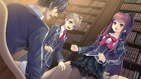 Anime picture 1280x720 with tokeijikake no ley line shishigatani ushio koga mitsuyoshi urabi (tomatohouse) long hair short hair open mouth black hair blonde hair wide image purple eyes brown eyes game cg red hair girl boy uniform school uniform glasses book (books)