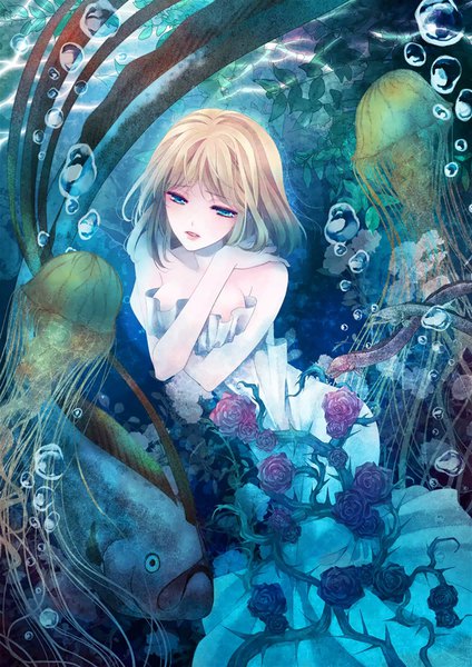 Anime picture 741x1049 with original takano yumi single long hair tall image light erotic blonde hair aqua eyes sunlight crossed arms underwater bondage girl dress flower (flowers) plant (plants) animal white dress rose (roses) bubble (bubbles)