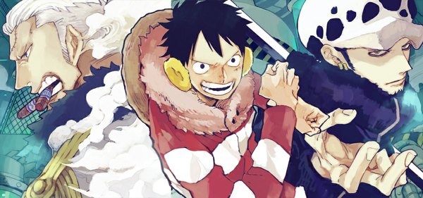 Anime picture 1000x469 with one piece toei animation monkey d. luffy trafalgar law smoker (one piece) natsume (ntm 62) short hair black hair smile wide image white hair profile multiple boys scar smoke boy hat earrings headphones coat