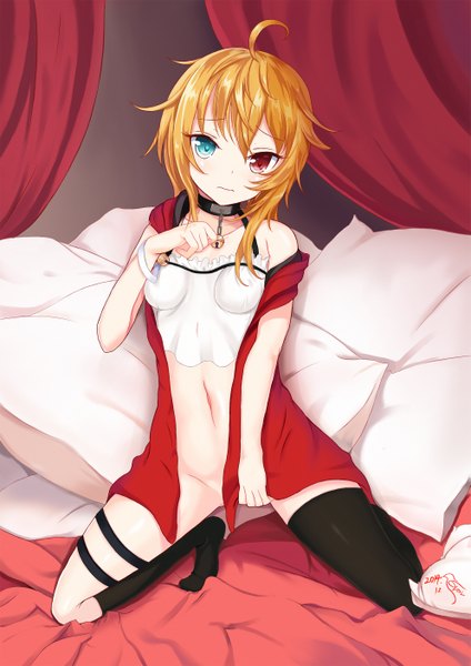 Anime picture 1986x2808 with original tori (king8162635) single tall image highres short hair breasts light erotic blonde hair heterochromia girl thighhighs navel black thighhighs pillow bell jingle bell