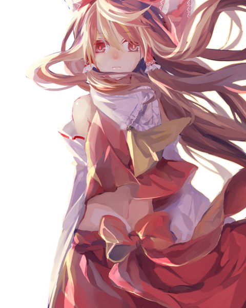 Anime picture 1200x1500 with touhou hakurei reimu kaya wong single long hair tall image looking at viewer simple background red eyes brown hair white background bare shoulders wind bare belly girl skirt navel bow hair bow detached sleeves