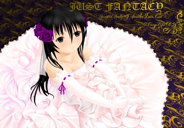Anime picture 2143x1500 with okingjo single long hair highres black hair hair flower black eyes girl dress gloves hair ornament elbow gloves wedding dress