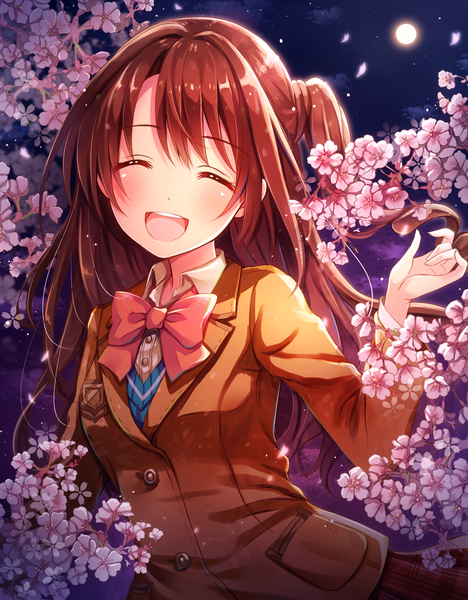 Anime picture 1100x1410 with idolmaster idolmaster cinderella girls shimamura uzuki serino itsuki single long hair tall image blush open mouth brown hair eyes closed :d night teeth night sky one side up cherry blossoms plaid skirt ^ ^ glow