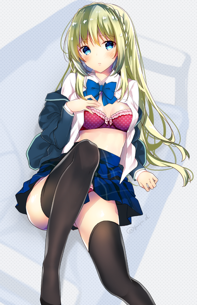 Anime picture 836x1291 with original yu yu single long hair tall image looking at viewer blush blue eyes light erotic blonde hair signed arm support open shirt twitter username hand on chest girl thighhighs uniform underwear panties