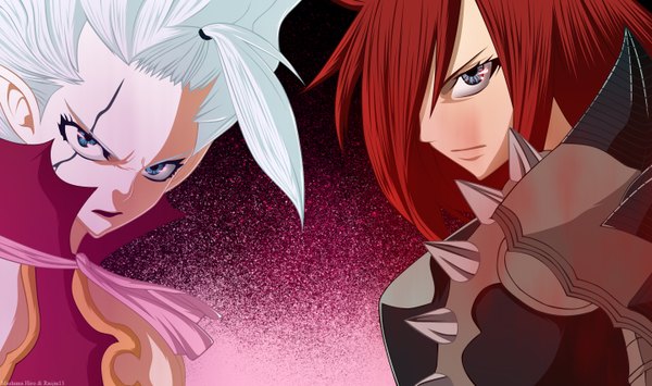 Anime picture 1440x852 with fairy tail erza scarlet mirajane strauss raijin13 long hair fringe blue eyes simple background wide image white hair red hair hair over one eye coloring demon girl armor