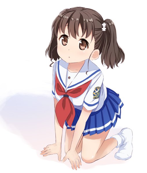Anime picture 865x1020 with high school fleet shiretoko rin abe kanari single tall image fringe short hair simple background brown hair white background twintails brown eyes full body pleated skirt no shoes short twintails looking up on all fours girl skirt