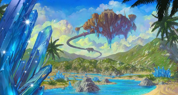 Anime picture 1999x1067 with lineage (game) highres wide image sky cloud (clouds) landscape river plant (plants) tree (trees) water palm tree crystal castle