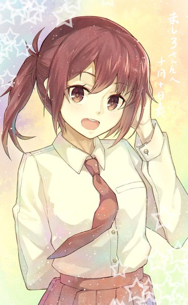 Anime picture 800x1294 with original heiwari kanade single tall image looking at viewer blush short hair open mouth brown hair brown eyes ponytail pleated skirt sparkle hand on head arm behind back girl skirt shirt necktie star (symbol)