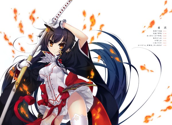 Anime picture 11237x8173 with sengoku koihime oda saburo kuon nobunaga katagiri hinata single looking at viewer highres light erotic black hair white background brown eyes absurdres very long hair incredibly absurdres girl thighhighs dress gloves weapon white thighhighs sword