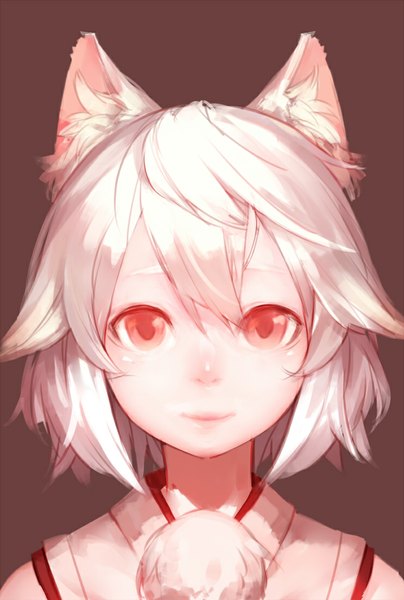 Anime picture 742x1100 with touhou inubashiri momiji junwool single tall image looking at viewer short hair simple background red eyes animal ears white hair light smile portrait wolf ears brown background girl pom pom (clothes)