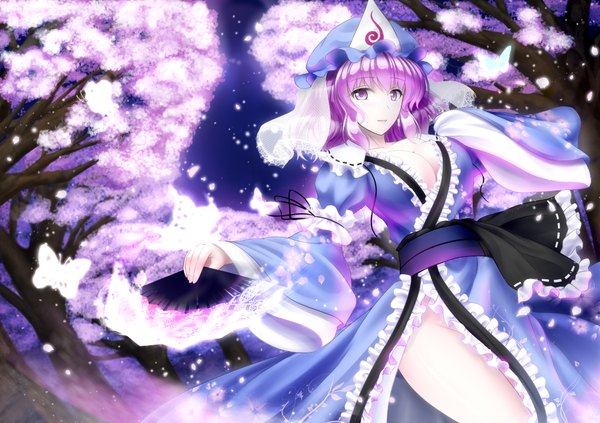 Anime picture 1100x777 with touhou saigyouji yuyuko y2 single short hair light erotic purple eyes purple hair cherry blossoms girl plant (plants) petals tree (trees) insect butterfly obi bonnet fan
