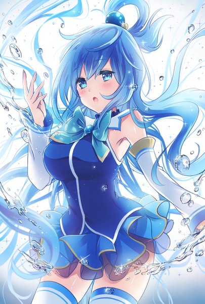 Anime picture 1000x1479 with kono subarashii sekai ni shukufuku wo! studio deen aqua (konosuba) nanashiki fuuka single long hair tall image blush open mouth blue eyes white background blue hair ponytail :o armpit (armpits) hair rings girl thighhighs skirt detached sleeves