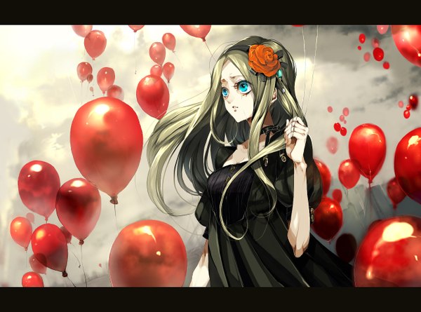 Anime picture 1280x950 with original yamaoka sawara single long hair blonde hair standing holding looking away cloud (clouds) parted lips hair flower aqua eyes sunlight tears letterboxed girl dress hair ornament flower (flowers) ribbon (ribbons)