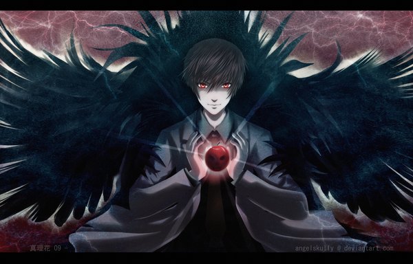 Anime picture 1575x1008 with death note madhouse yagami light kuro-mai single short hair red eyes brown hair light smile open clothes open shirt letterboxed boy wings apple
