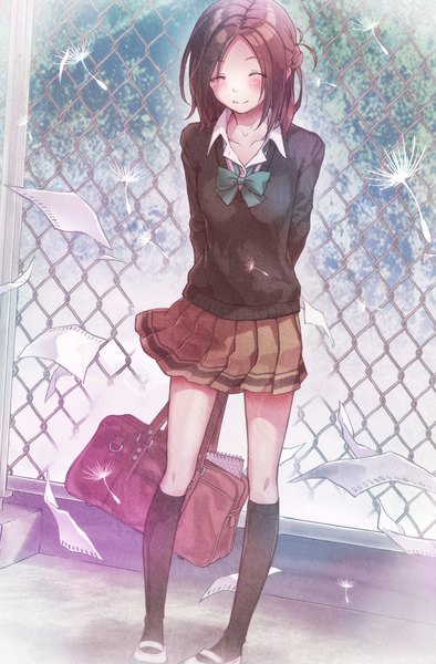 Anime picture 1051x1600 with isshuukan friends brains base (studio) fujimiya kaori morigami (morigami no yashiro) single tall image blush short hair breasts smile brown hair standing holding eyes closed pleated skirt wind sunlight hands behind back open collar girl