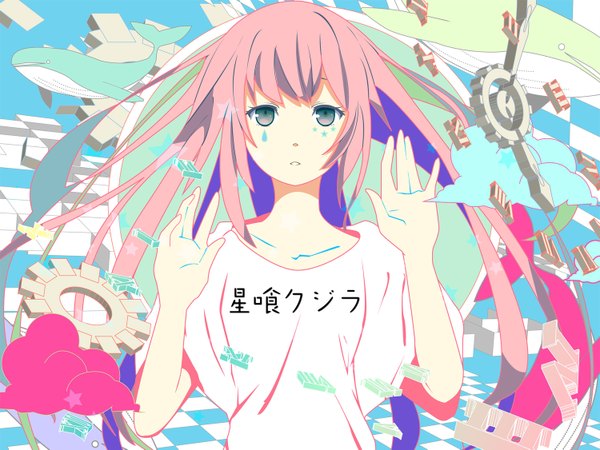 Anime picture 1500x1125 with vocaloid megurine luka sakisato kiriko single long hair open mouth blue eyes pink hair inscription arms up clothes writing abstract girl star (symbol) t-shirt clock number (numbers) gears whale