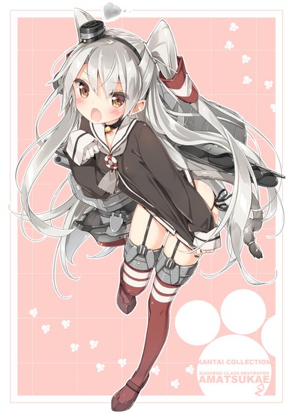 Anime picture 765x1080 with kantai collection amatsukaze destroyer rensouhou-kun kani biimu long hair tall image looking at viewer blush open mouth light erotic brown eyes silver hair two side up character names lolicon girl thighhighs dress hair ornament underwear