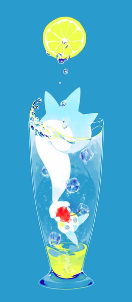 Anime picture 700x1600 with pokemon nintendo pachirisu hideko (l33l3b) single tall image simple background blue background no people gen 4 pokemon water drop fruit drink glass pokemon (creature) ice cherry lemon