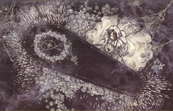 Anime picture 1150x740 with trinity blood gonzo esther blanchett monochrome praying girl flower (flowers) coffin