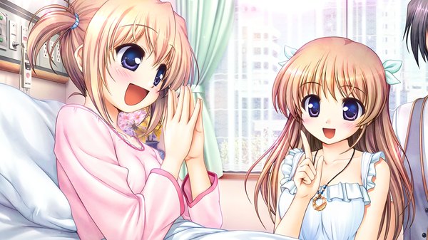 Anime picture 1280x720 with daitoshokan no hitsujikai kakei kyoutarou shirasaki tsugumi bekkankou long hair blush short hair open mouth blue eyes blonde hair wide image purple eyes multiple girls game cg loli girl 2 girls pendant bed sundress