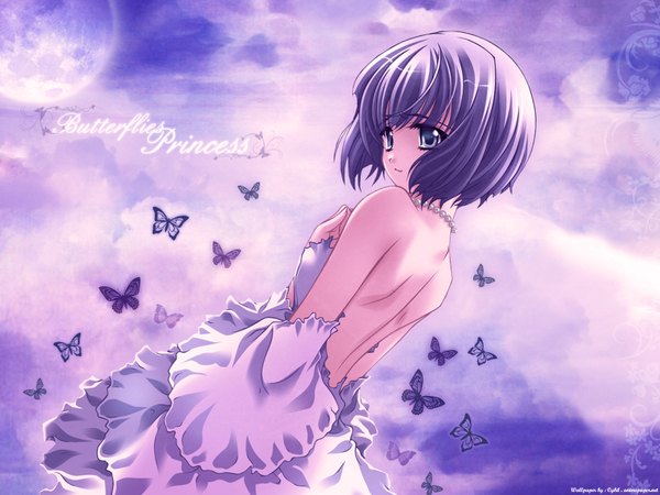 Anime picture 1600x1200 with carnelian single looking at viewer short hair purple eyes bare shoulders purple hair hand on chest bare back girl dress detached sleeves insect butterfly full moon