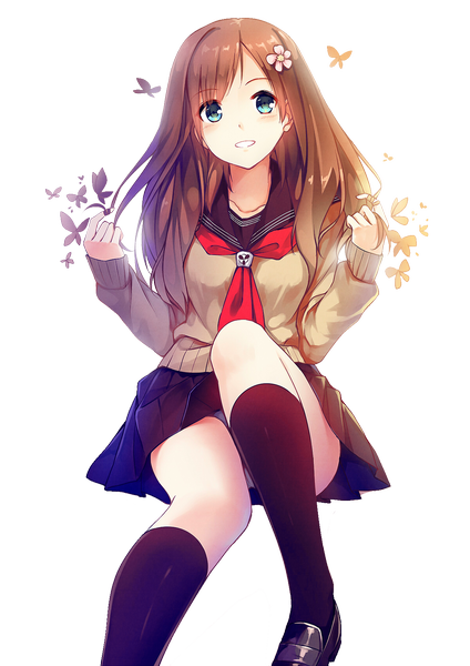 Anime picture 1200x1696 with original aki (caidychen) caidychen pustakkeramzytowy single long hair tall image blush blue eyes light erotic smile brown hair hair flower pantyshot pantyshot sitting transparent background rendered girl uniform hair ornament