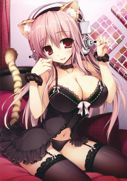 Anime picture 2675x3800 with nitroplus super sonico karory single long hair tall image blush highres breasts open mouth light erotic red eyes large breasts animal ears pink hair tail animal tail scan fake animal ears girl