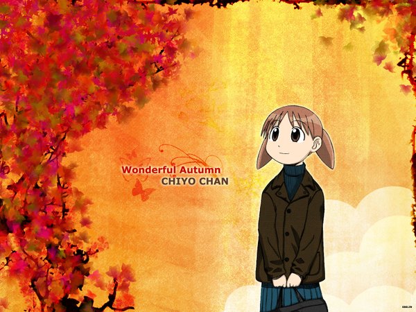 Anime picture 1600x1200 with azumanga daioh j.c. staff mihama chiyo single short hair brown hair brown eyes signed loli character names looking up third-party edit autumn colored girl leaf (leaves) bag autumn leaves