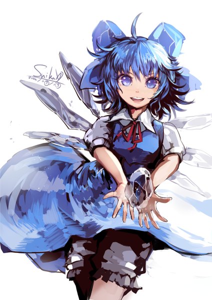 Anime picture 1167x1650 with touhou cirno suikaxd single tall image looking at viewer short hair open mouth blue eyes simple background white background signed blue hair ahoge girl dress bow hair bow wings ice