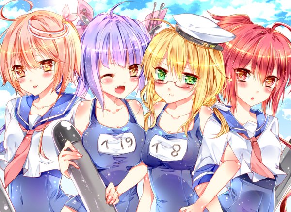 Anime picture 1500x1094 with kantai collection i-19 submarine i-58 submarine i-168 submarine i-8 submarine bariko long hair looking at viewer blush short hair open mouth light erotic blonde hair multiple girls brown eyes green eyes blue hair pink hair one eye closed wink