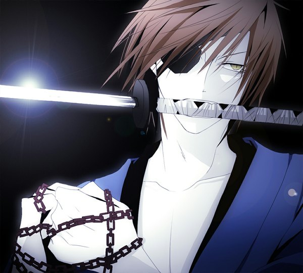 Anime picture 1024x922 with sengoku basara production i.g date masamune ryoko (pixiv) short hair brown hair yellow eyes japanese clothes mouth hold open collar animal eyes boy weapon sword katana chain eyepatch