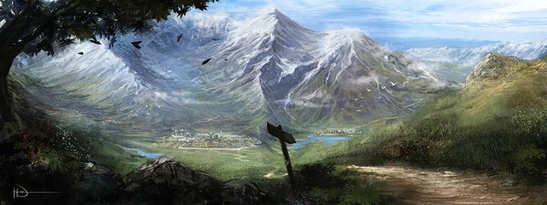 Anime picture 1024x384 with ninjatic wide image signed sky city mountain no people landscape river plant (plants) animal tree (trees) bird (birds) leaf (leaves) grass stone (stones) road traffic sign
