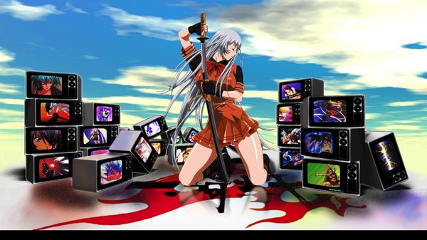 Anime picture 1920x1080 with ikkitousen chouun shiryuu single long hair highres wide image silver hair eyes closed profile girl weapon sword television