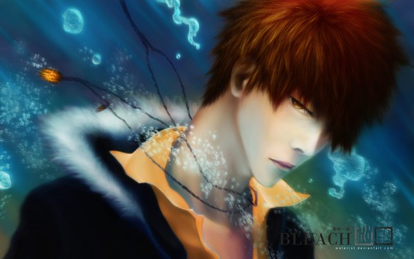 Anime picture 1680x1050 with bleach studio pierrot kurosaki ichigo waterist (artist) single fringe short hair brown hair wide image brown eyes lips hair over one eye realistic inscription portrait boy pendant fur