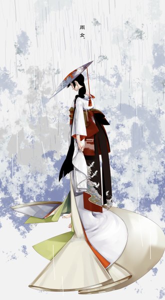 Anime picture 760x1379 with original chhuang single long hair tall image black hair eyes closed traditional clothes profile barefoot inscription hieroglyph rain eyeshadow girl hat obi