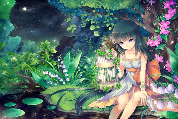 Anime picture 1600x1067 with original ells (ellsat) single blush blue eyes black hair smile sitting bare shoulders sky very long hair night bare legs wet night sky wet clothes body blush nature weightlessness lake
