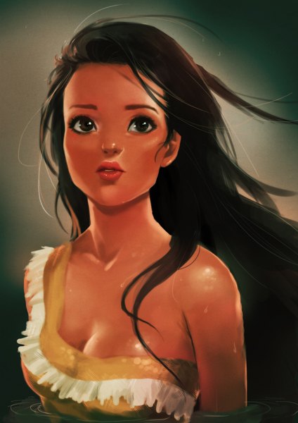 Anime picture 2480x3508 with pocahontas pocahontas (character) tom skender single long hair tall image highres breasts black hair wind lips black eyes wet dark skin looking up girl water