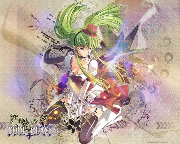 Anime picture 1280x1024 with code geass sunrise (studio) c.c. single long hair fringe breasts sitting twintails payot looking away full body green hair wallpaper copyright name wariza girl hat mini hat mini top hat