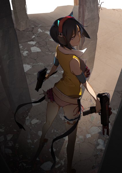 Anime picture 1240x1754 with original manabi (artist) single tall image looking at viewer short hair light erotic black hair smile standing holding brown eyes animal ears full body looking back barefoot from above from behind cat ears shadow
