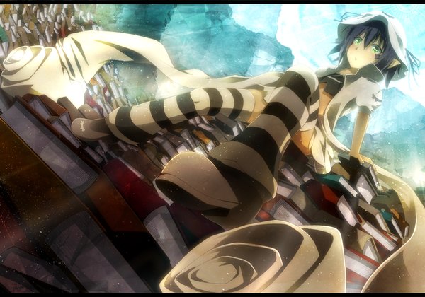 Anime picture 3028x2120 with yumekui merry merry nightmare dennryuurai single highres short hair black hair green eyes absurdres pointy ears girl thighhighs hat boots book (books) striped thighhighs