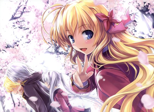 Anime picture 3342x2432 with fortune arterial august soft sendou erika tougi shiro highres blonde hair blue hair absurdres white hair cherry blossoms victory group girl serafuku