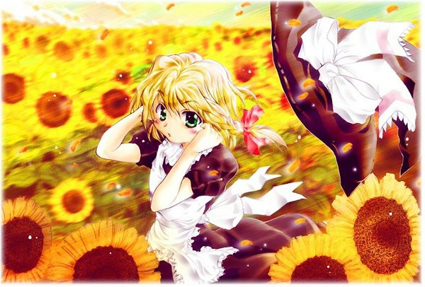 Anime picture 1600x1084 with touhou kirisame marisa single wind hat removed headwear removed girl sunflower tagme