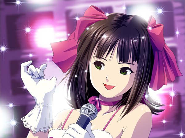 Anime picture 1600x1200 with idolmaster amami haruka ponnetsu black hair green eyes cute & girly (idolmaster) snow strawberry (idolmaster) girl gloves bow hair bow microphone