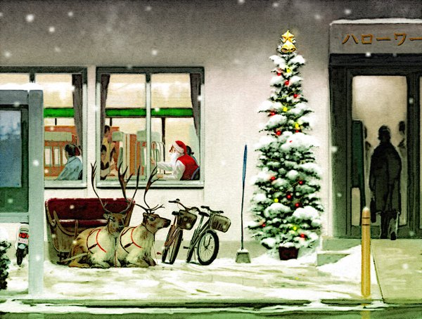 Anime picture 1210x916 with original santa claus oshou (classic1418408) snowing christmas winter group snow new year silhouette street old man animal headdress window building (buildings) ground vehicle cap santa claus hat santa claus costume
