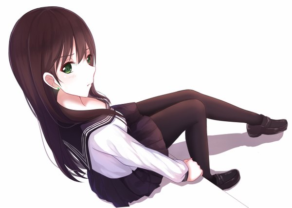 Anime picture 1280x911 with original itachi kanade single long hair black hair white background sitting green eyes looking back girl skirt pantyhose black pantyhose