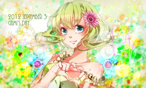 Anime picture 1500x900 with vocaloid gumi nou single short hair wide image bare shoulders hair flower aqua eyes green hair inscription wallpaper heart hands girl hair ornament flower (flowers) heart