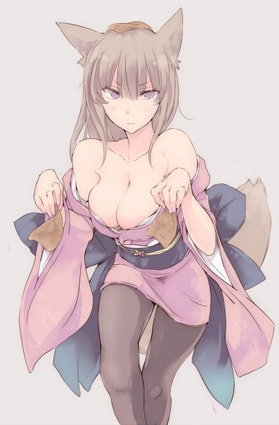 Anime picture 940x1431 with original touma raito single long hair tall image looking at viewer fringe breasts light erotic brown hair large breasts purple eyes bare shoulders holding animal ears tail animal tail wide sleeves girl pantyhose