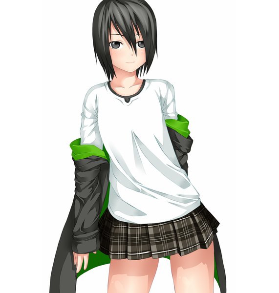 Anime picture 1000x1050 with original ayase tamaki single tall image looking at viewer short hair black hair simple background white background black eyes open clothes open jacket girl miniskirt
